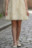 Cream Layered Ruffled Party Dress With Shrug For Girls