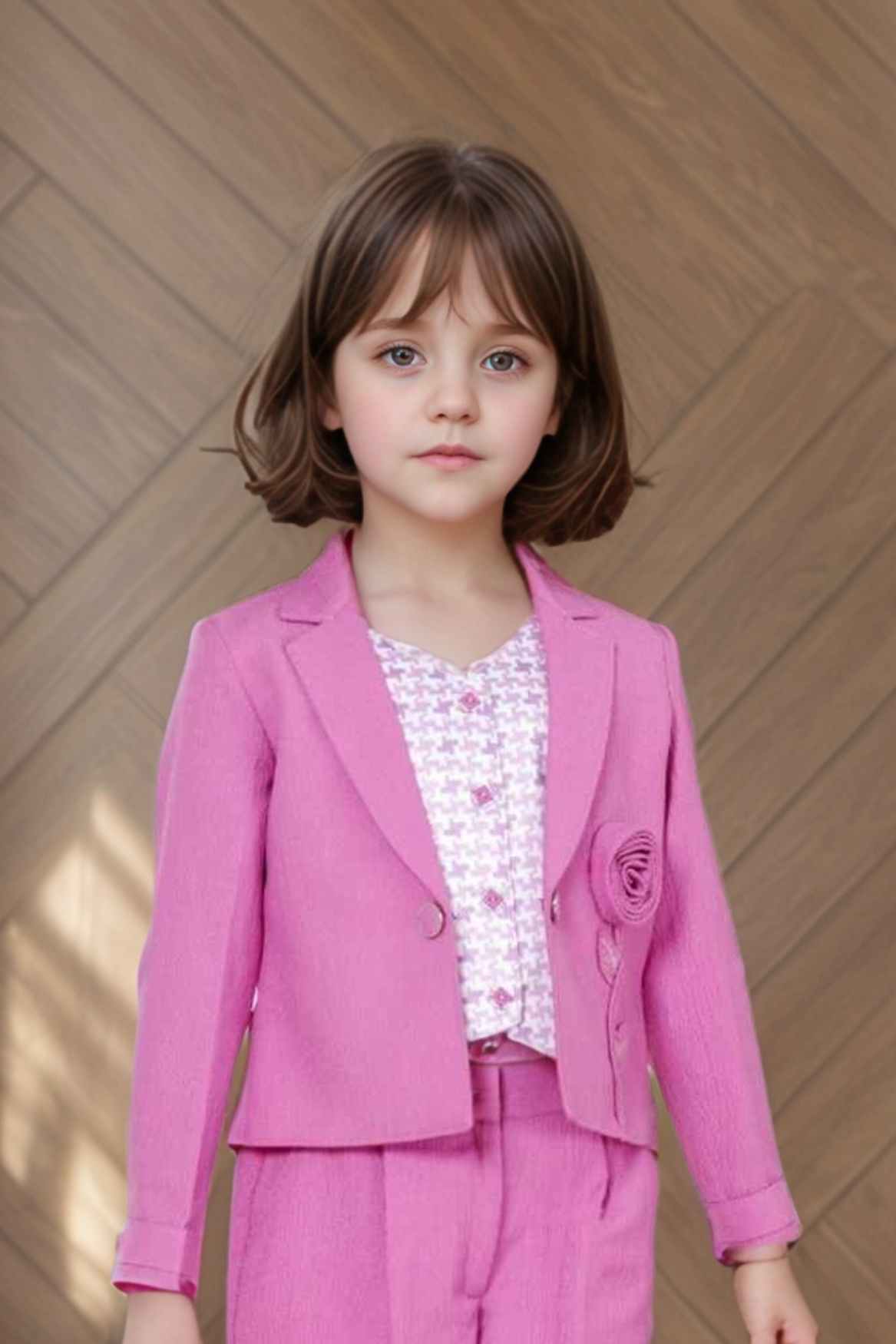 Stylish Lavender Blazer And Pant With Houndstooth Printed Top Set For Girls