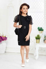 Black Dress With Floral Embellished And Sling Bag For Girls