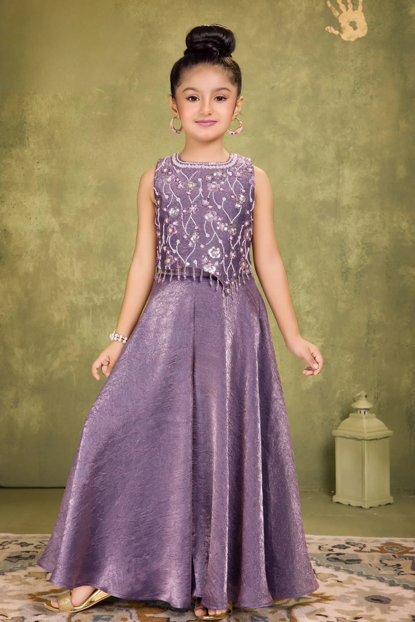 Lavender Organza Palazzo Set with Bead & Sequins Work Top For Girls