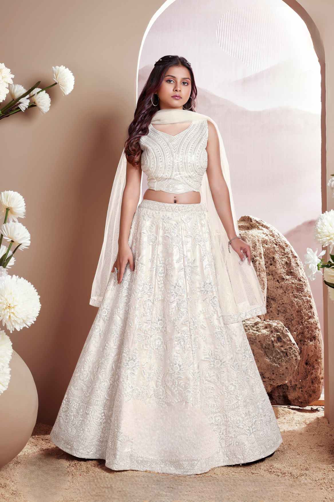 Cream Sequins Work And Thread Work Lehenga Choli For Girls