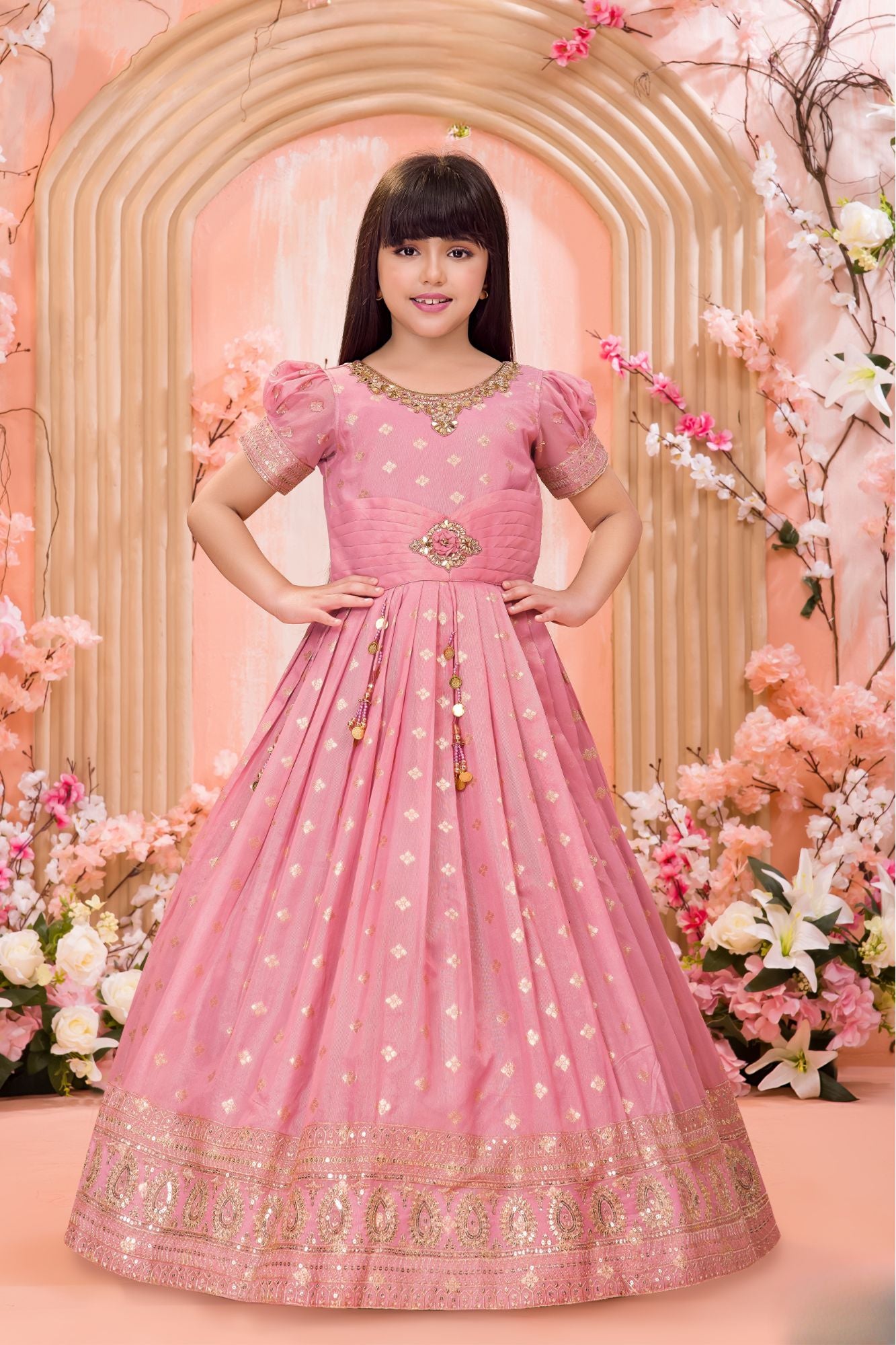Rose Pink Embroidered Ethnic Gown For Girls