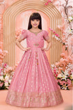 Rose Pink Embroidered Ethnic Gown For Girls
