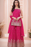 Hot Pink Bandhani Sharara Set with Dupatta & Golden Embroidery For Girls
