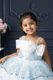 Ice Blue Sequin Layered Ruffle Party Wear Frock With Statement Bow For Girls