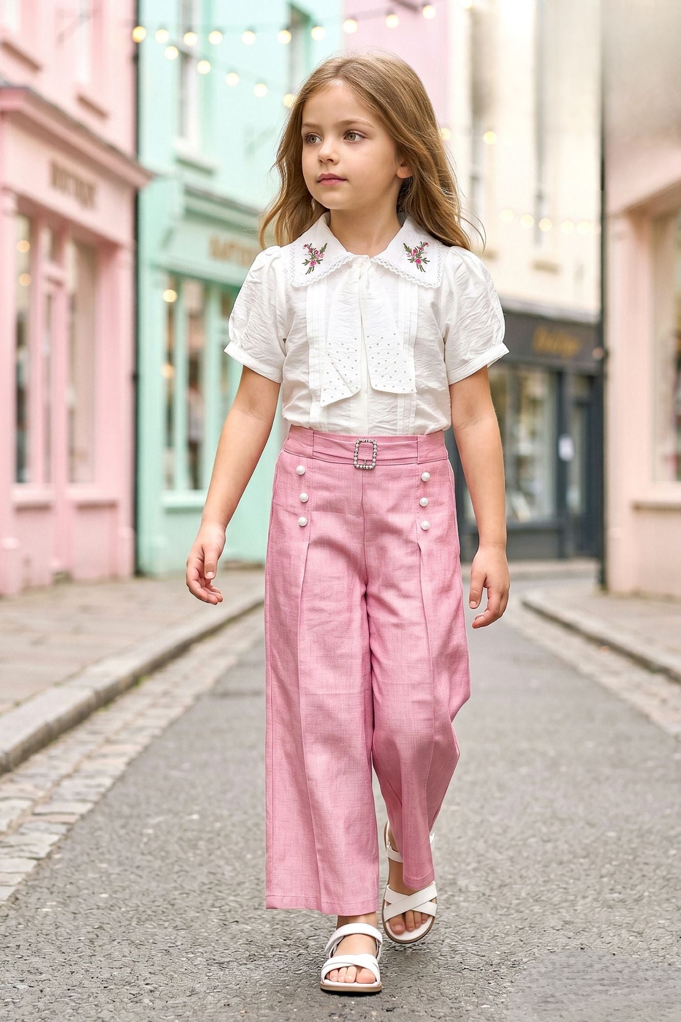 Elegant White Embroidered Shirt And Pink Wide-Leg Co-Ord Set for Girls