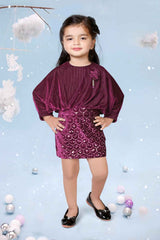 Wine Velvet Dress With Sequin Work For Girls