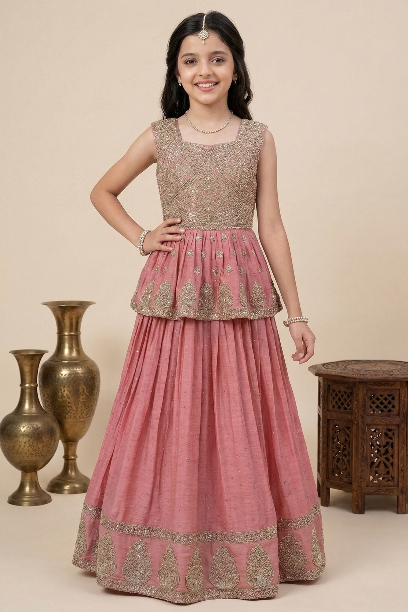 Dusty Pink Zari Embroidered Peplum Top With Lehenga Set For Girls