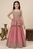 Dusty Pink Zari Embroidered Peplum Top With Lehenga Set For Girls
