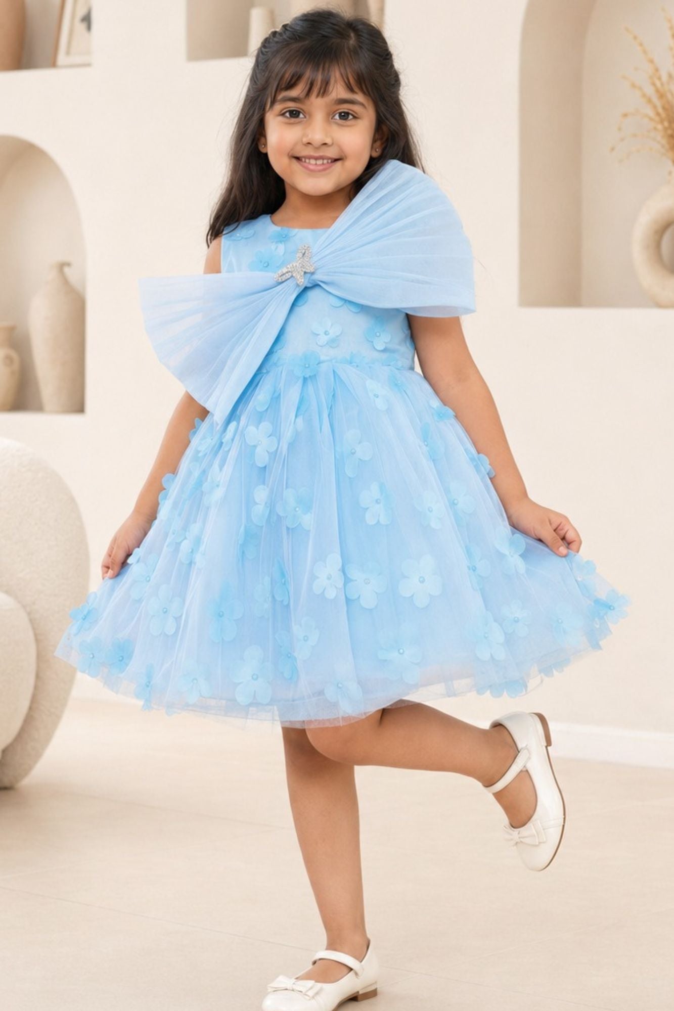 Blue 3D Floral Embellishments Party Wear Frock For Girls