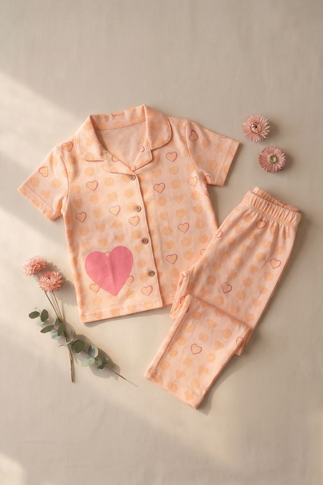 Peach Heart Print Night Suit Set For Girls