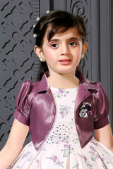 Cream Printed Frock With Puffed Sleeves Overcoat For Girls