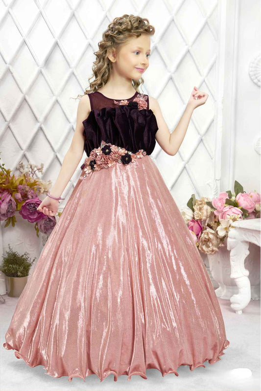 Onion Pink Shimmer Gown Embellished With Floral For Girls