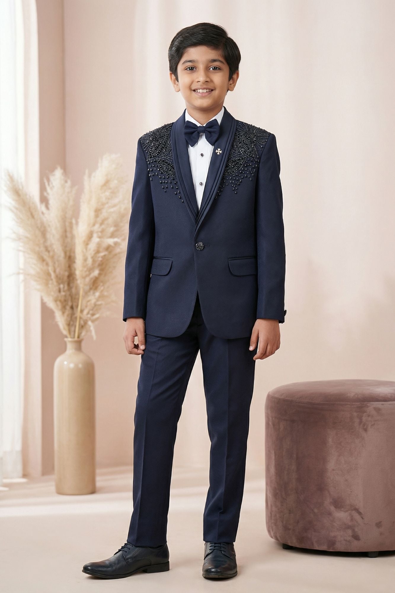 Navy Blue Embroidered 5 Piece Suit Set With Bead Work For Boys
