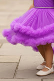 Purple Ruffle Party Frock With Stone Embellished And High-Low Hem For Girls