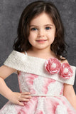 Girls Pink Marble Print One-Shoulder Party Wear Frock with Floral Applique