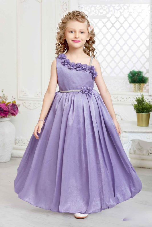 Purple Gown With Floral Embellished And Stone Waist Band For Girls