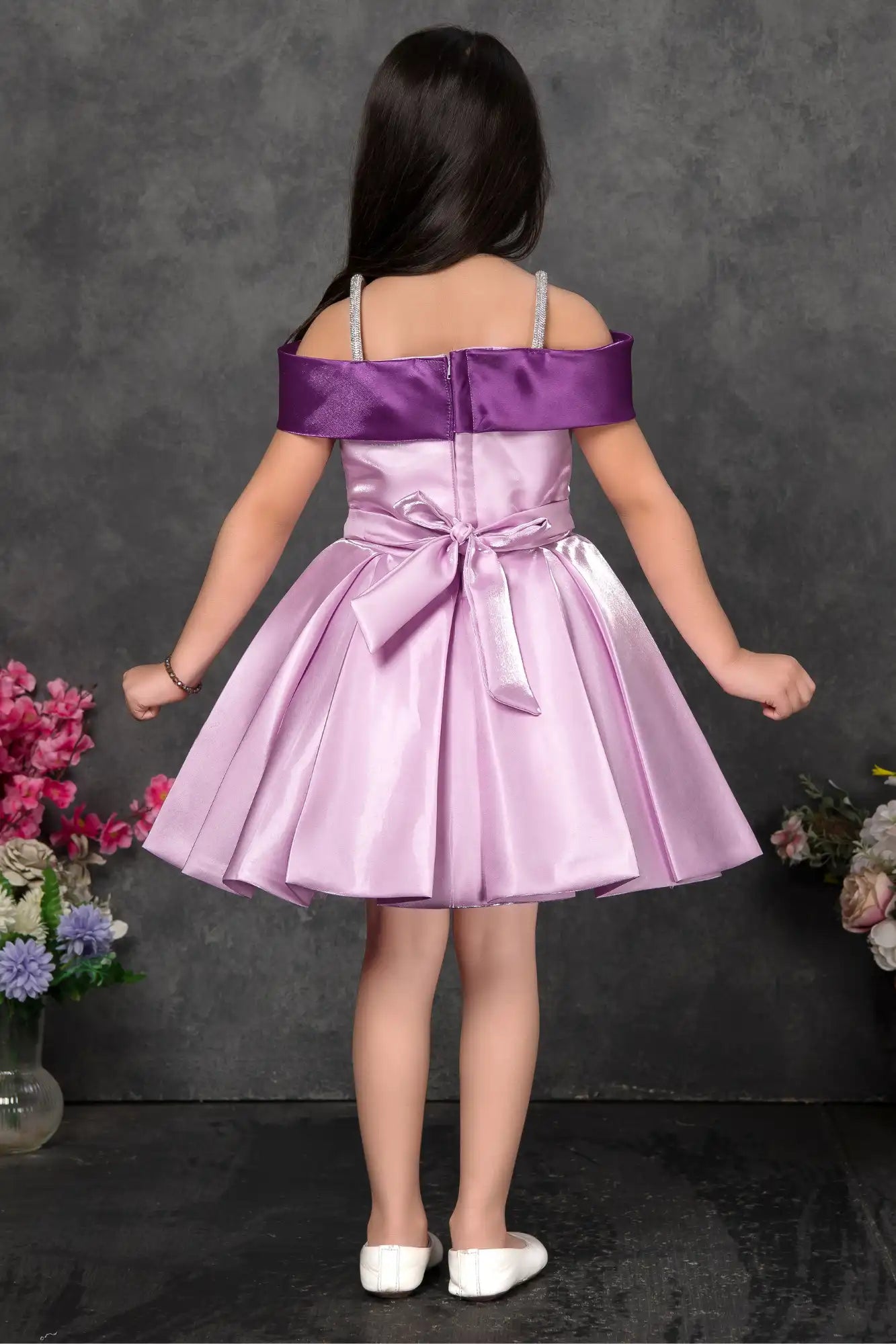 Lilac Off Shoulder Bow Embellished Party Frock For Girls
