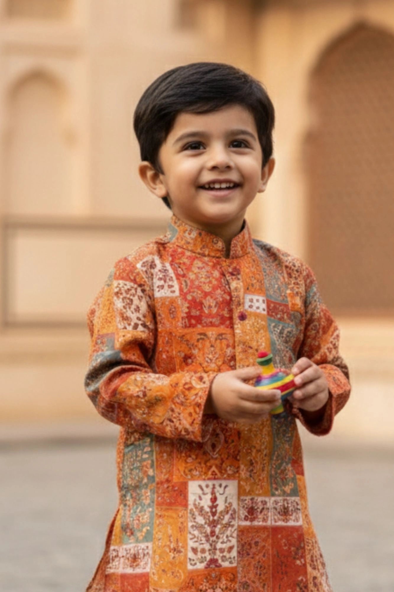 Rust Patchwork Print Festive Kurta Dhoti Set for Boys