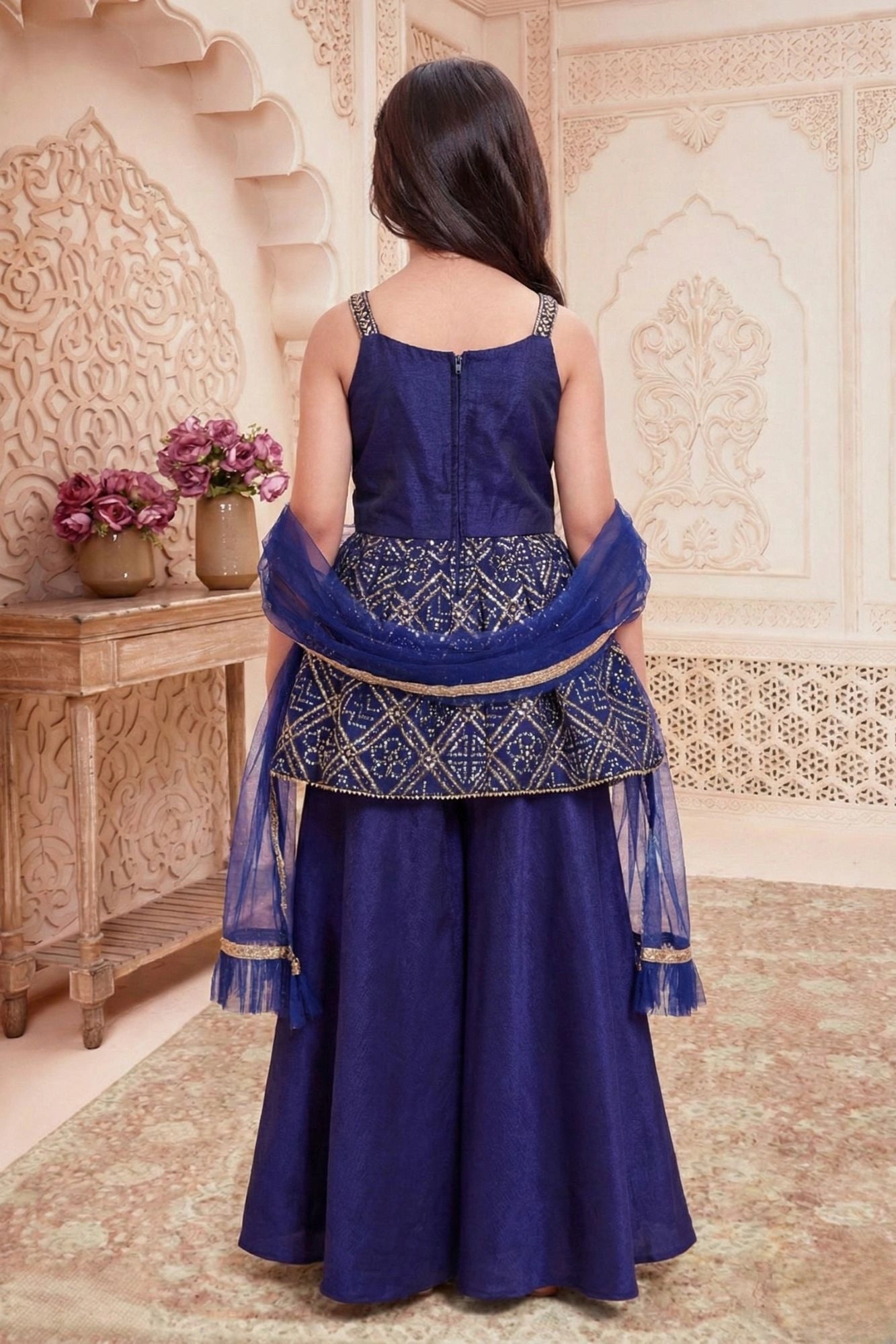 Navy Blue Embroidered Peplum Top Palazzo Set for Girls