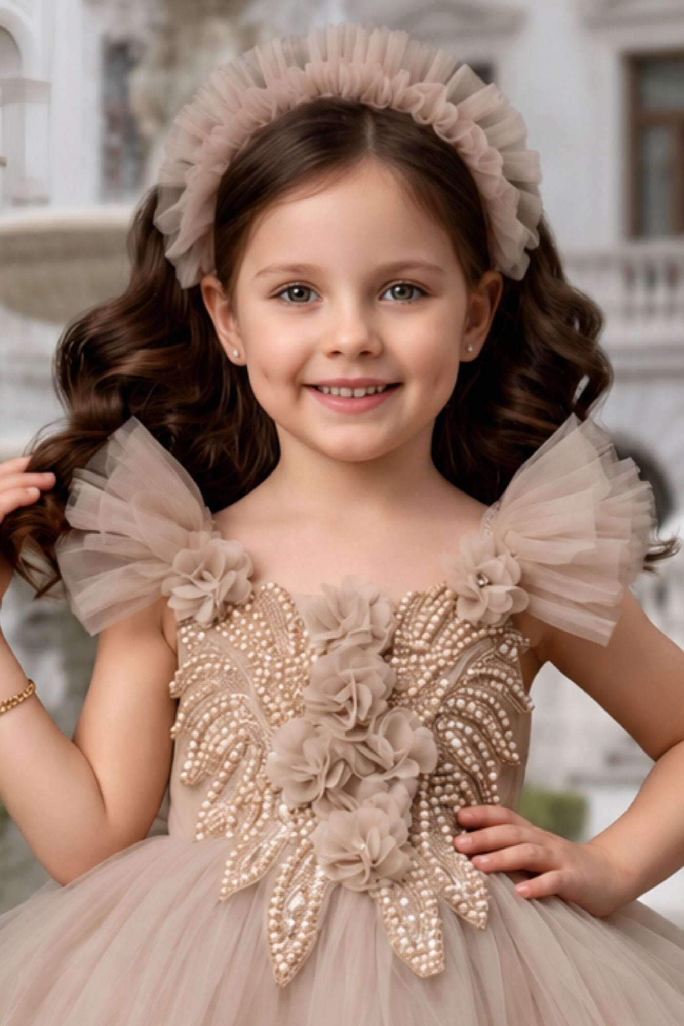 Girls Beige Ruffle Tailback Party Dress with Pearl And 3D Floral Work