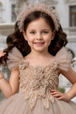 Girls Beige Ruffle Tailback Party Dress with Pearl And 3D Floral Work