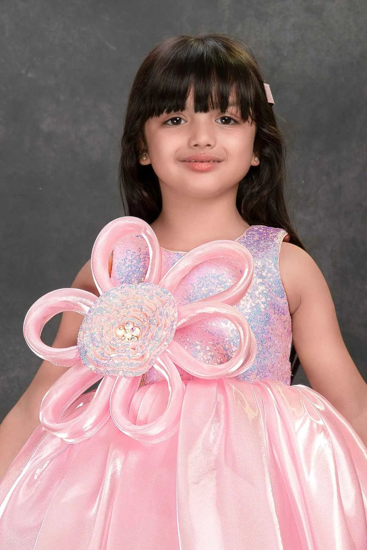 Pink Party Frock with Oversized 3D Flower Applique For Girls