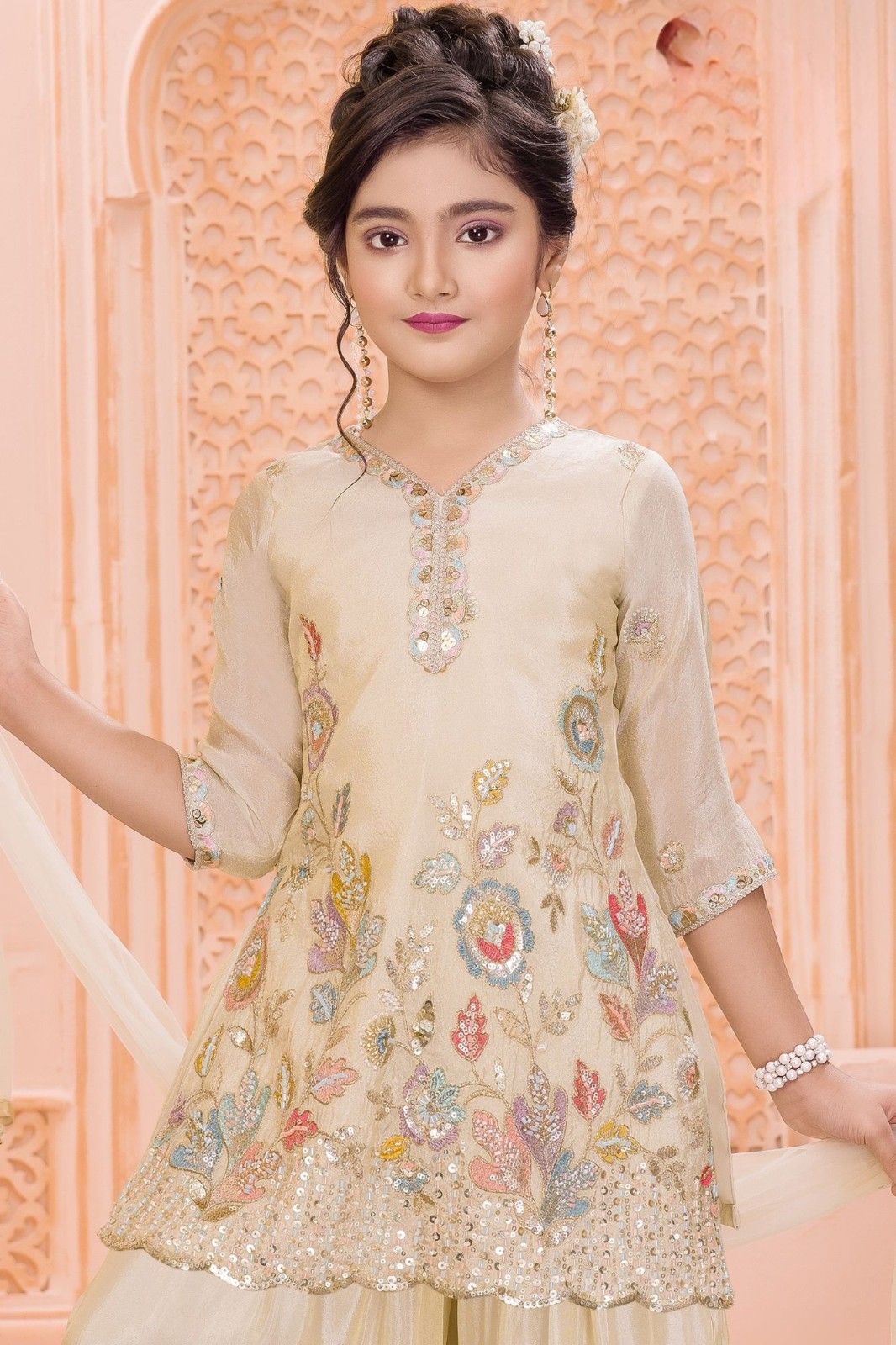 Cream Multicolor Embroidered Palazzo Set with Dupatta For Girls