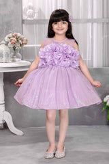 Designer Purple Net Sequin And Floral Embellished Frock For Girls