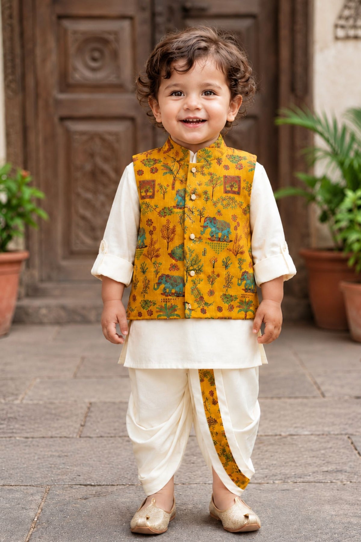 Boys Mustard Yellow Printed Waistcoat Dhoti Kurta Set