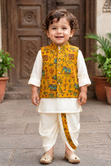 Boys Mustard Yellow Printed Waistcoat Dhoti Kurta Set