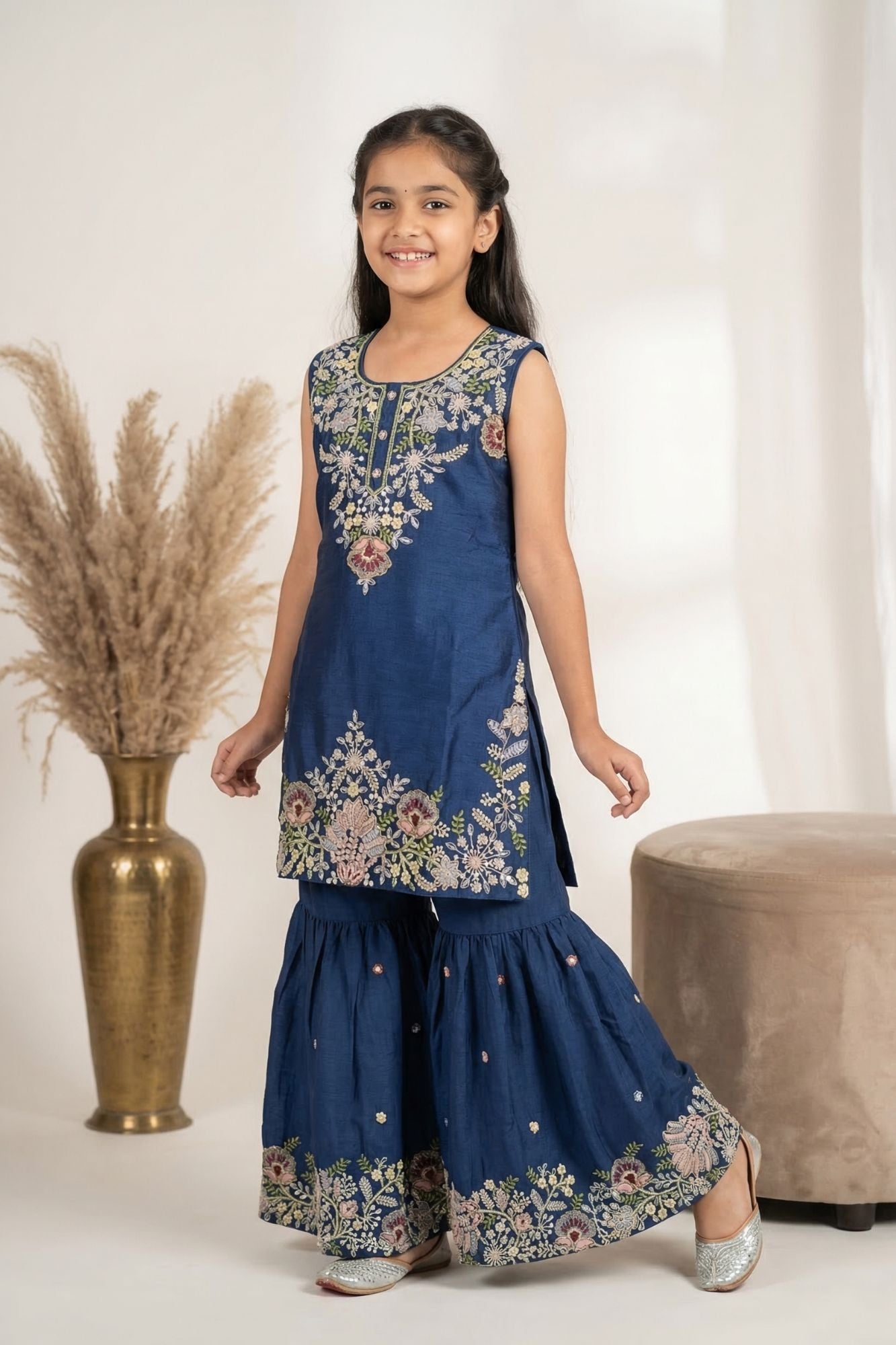 Navy Blue Embroidered Sharara Set With Dupatta For Girls