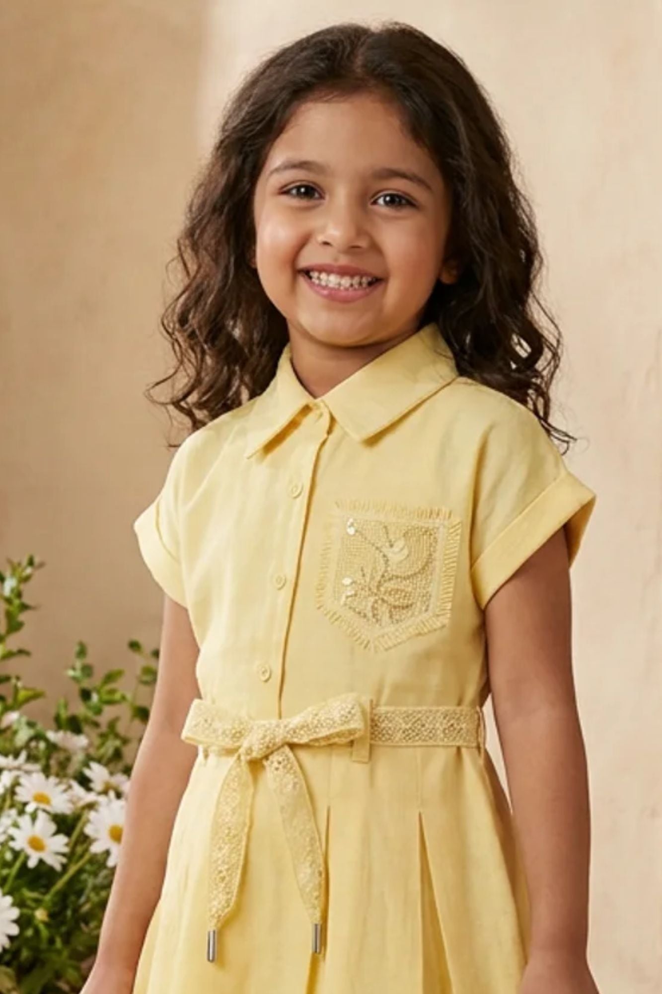 Girls Yellow Embroidered Fit And Flare Casual Dress with Waist Tie Belt