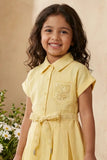 Girls Yellow Embroidered Fit And Flare Casual Dress with Waist Tie Belt