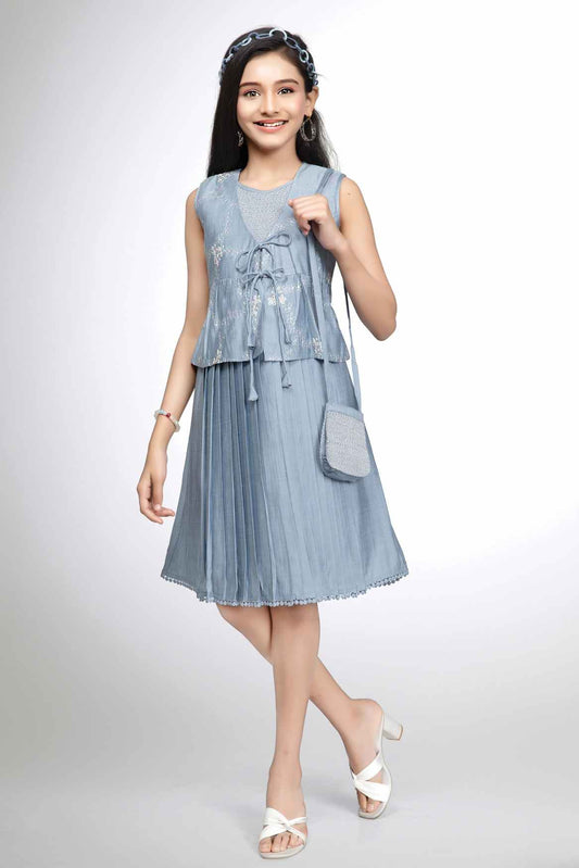 Ice Blue Embroidery Casual Dress For Girls