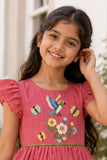 Girls Onion Pink Embroidered Ruffle Sleeve Flared Dress