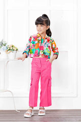 Stylish Pink Printed Top With Pant Set For Girls