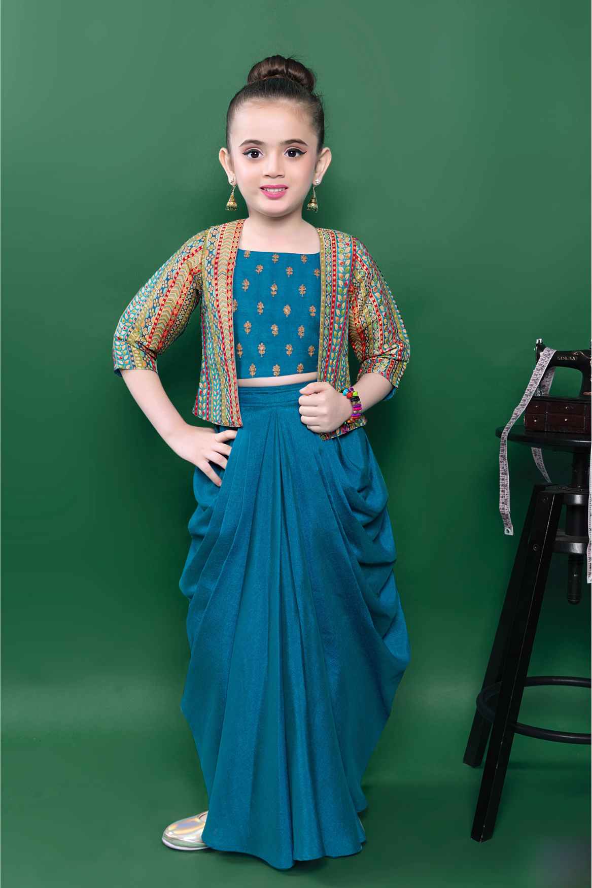 Teal Blue Embroidery Top And Dhoti Bottom Set With Brocade Overcoat For Girls