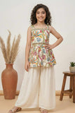 Cream Palazzo Set With Embroidered Multicolor Peplum Top For Girls