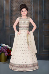 Off White Lehenga Choli  With Multicolour Embroidery For Girls