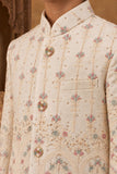 Cream Embroidered Sherwani Set With Classic Pants For Boys