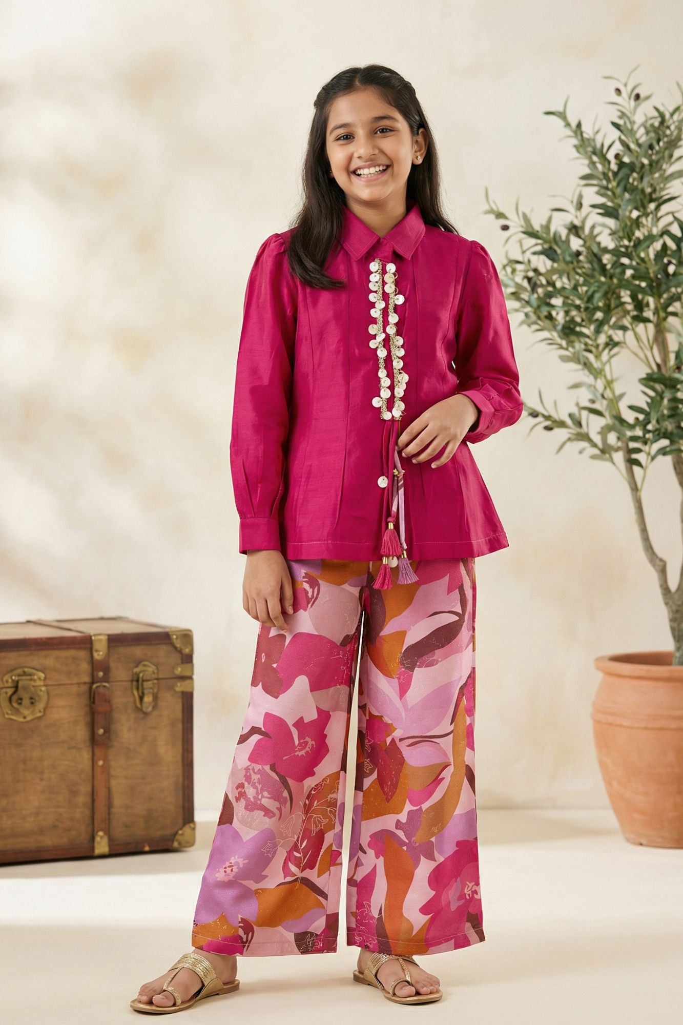 Stylish Pink Top And Printed Pant Set For Girls