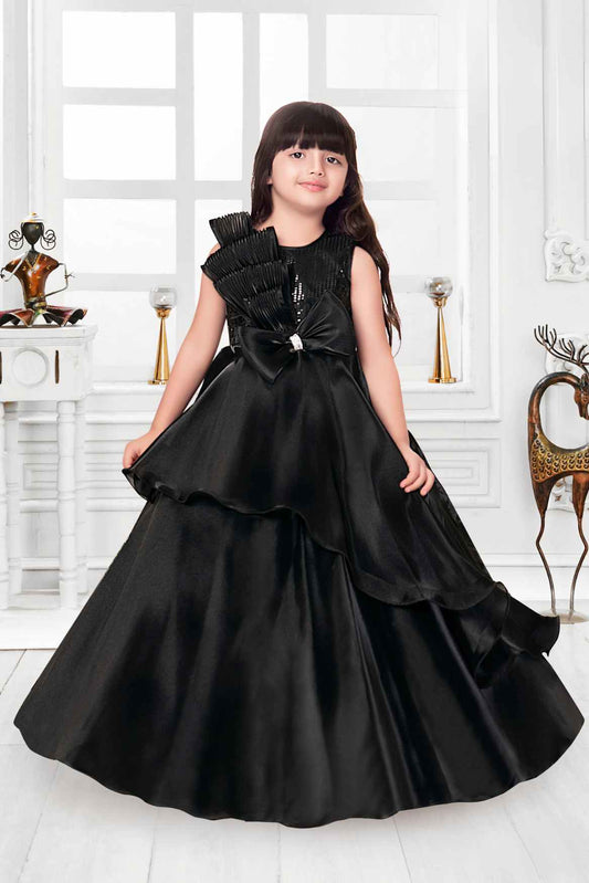 Black Sequin Gown With Bow Embellished For Girls