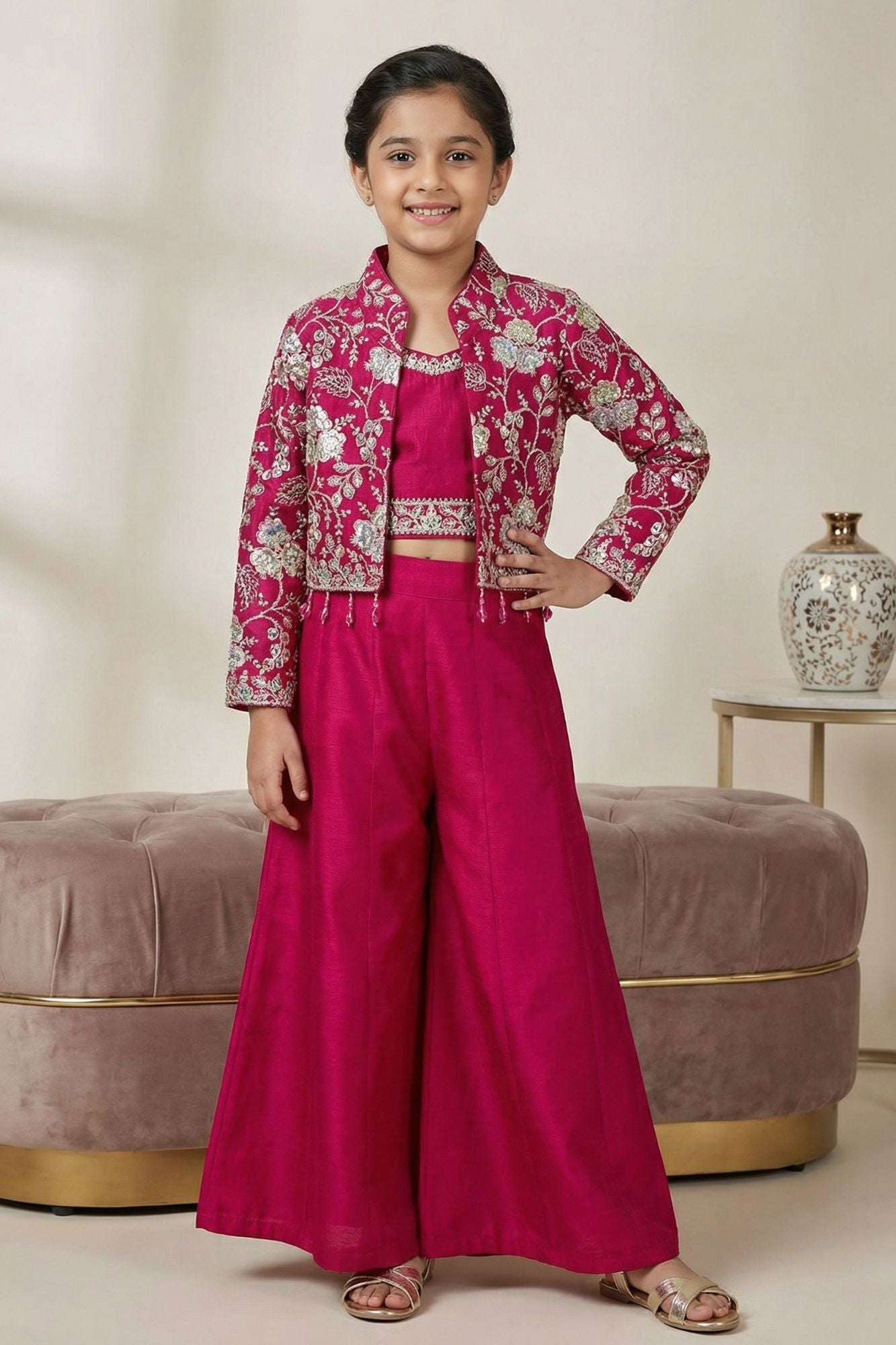 Rani Pink Palazzo Set with Embroidered Jacket For Girls