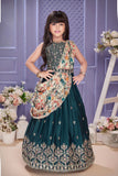 Deep Teal Embroidered Lehenga Choli Set with Floral Printed Draped Dupatta For Girls