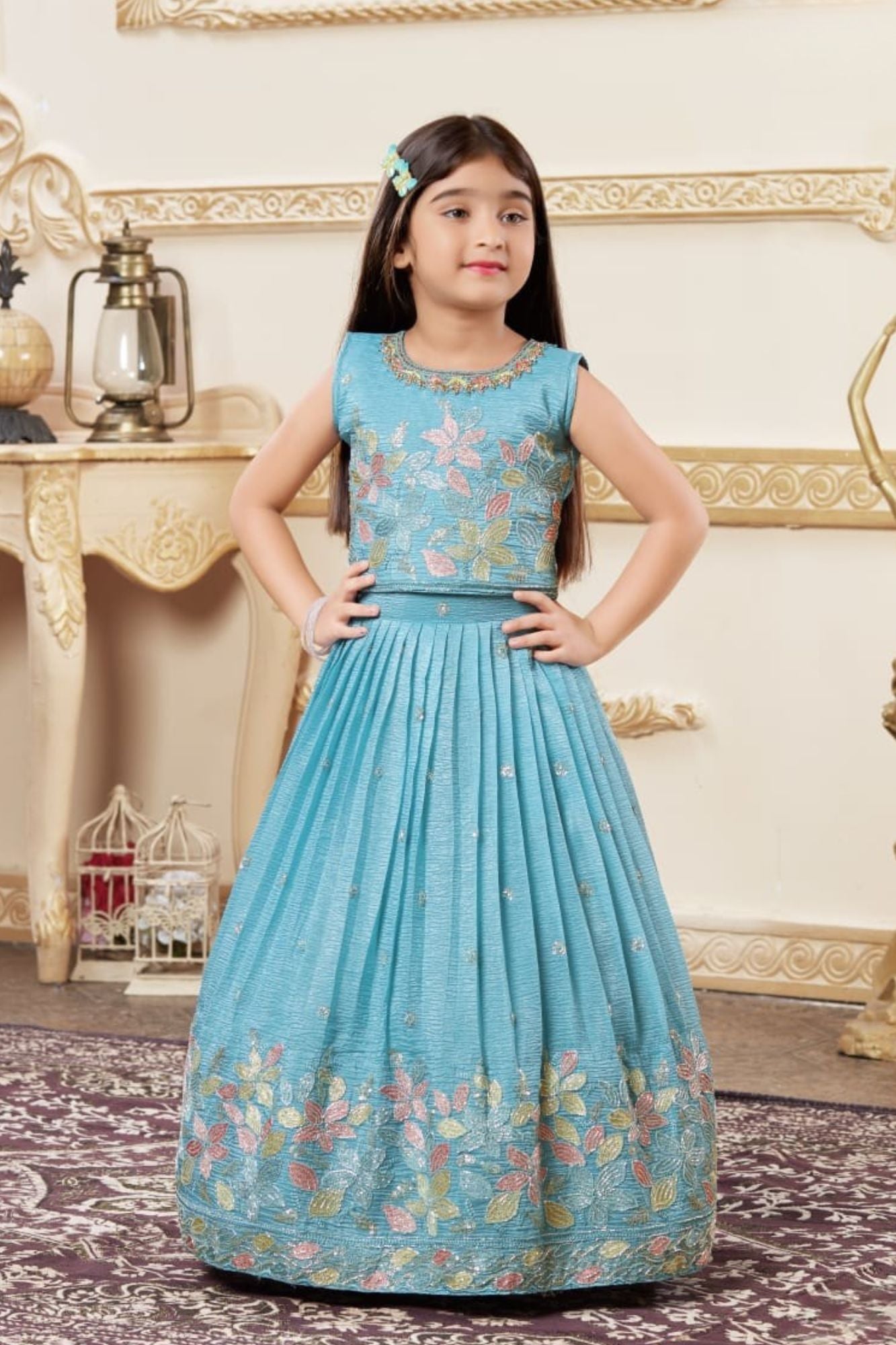 Sky Blue Embroidered Lehenga Choli Set with Floral Thread Work For Girls