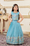 Sky Blue Embroidered Lehenga Choli Set with Floral Thread Work For Girls
