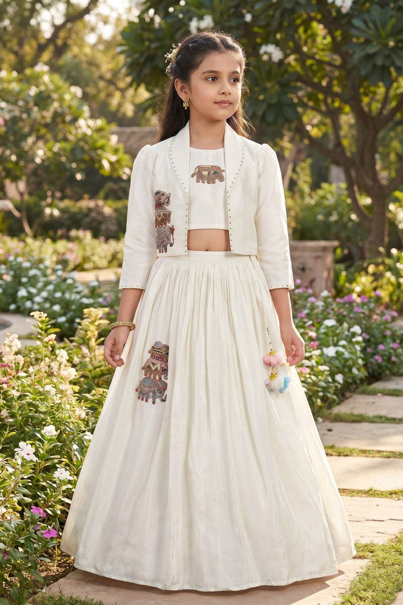 White Embroidered Lehenga Choli With Jacket For Girls