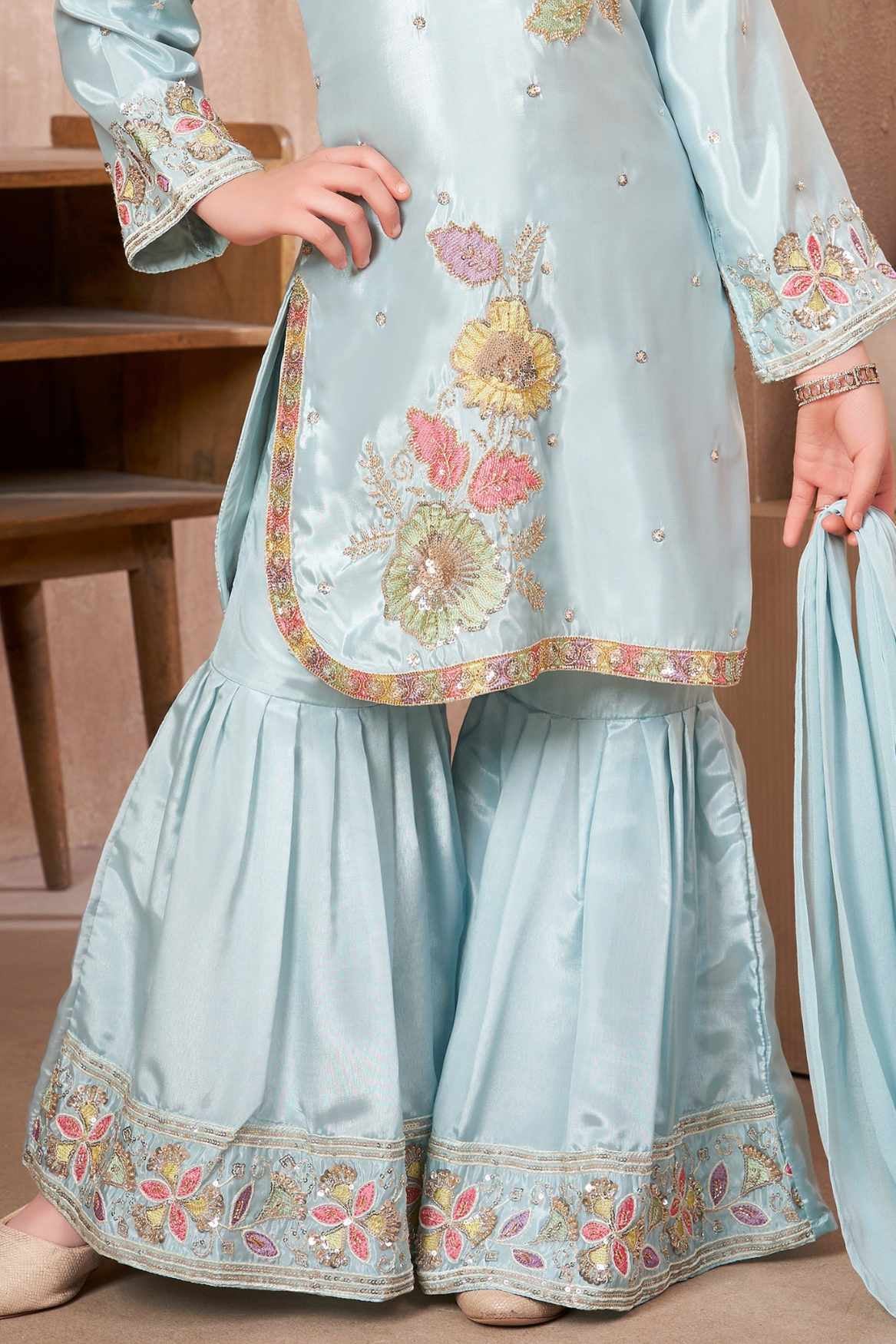 Powder Blue Embroidered Sharara Set with Dupatta for Girls