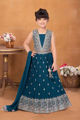 Teal Blue Sequins Work And Embroidered Lehenga Choli For Girls